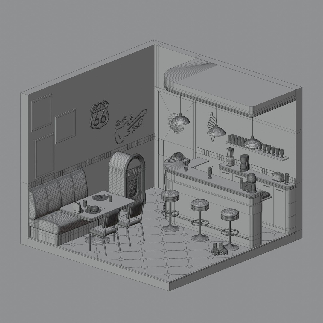 American Diner 3D Model – Retro Interior Asset, Blender, FBX - View 4