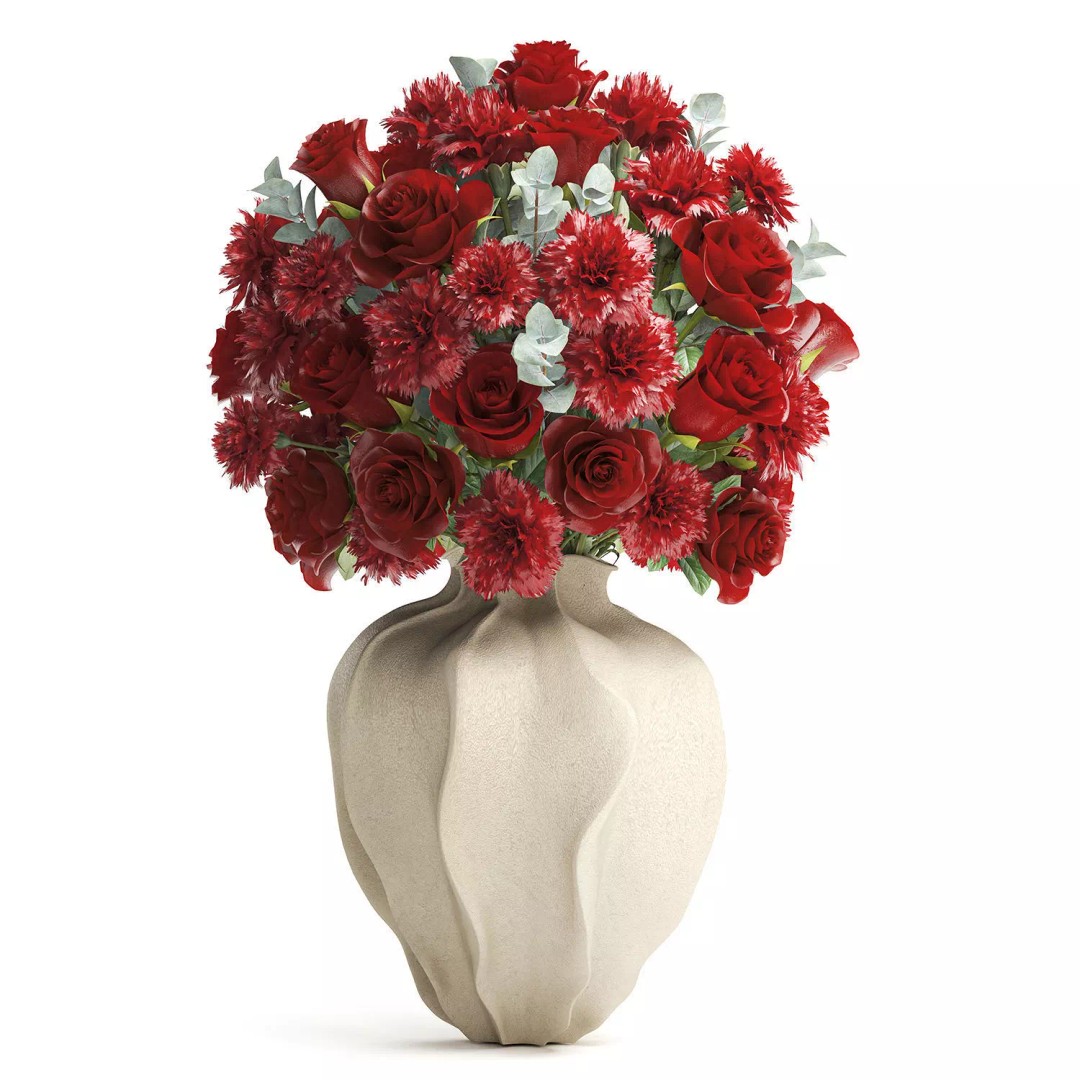 Realistic Red Flower Bouquet 3D Model – Modern Ceramic Vase, FBX - View 11