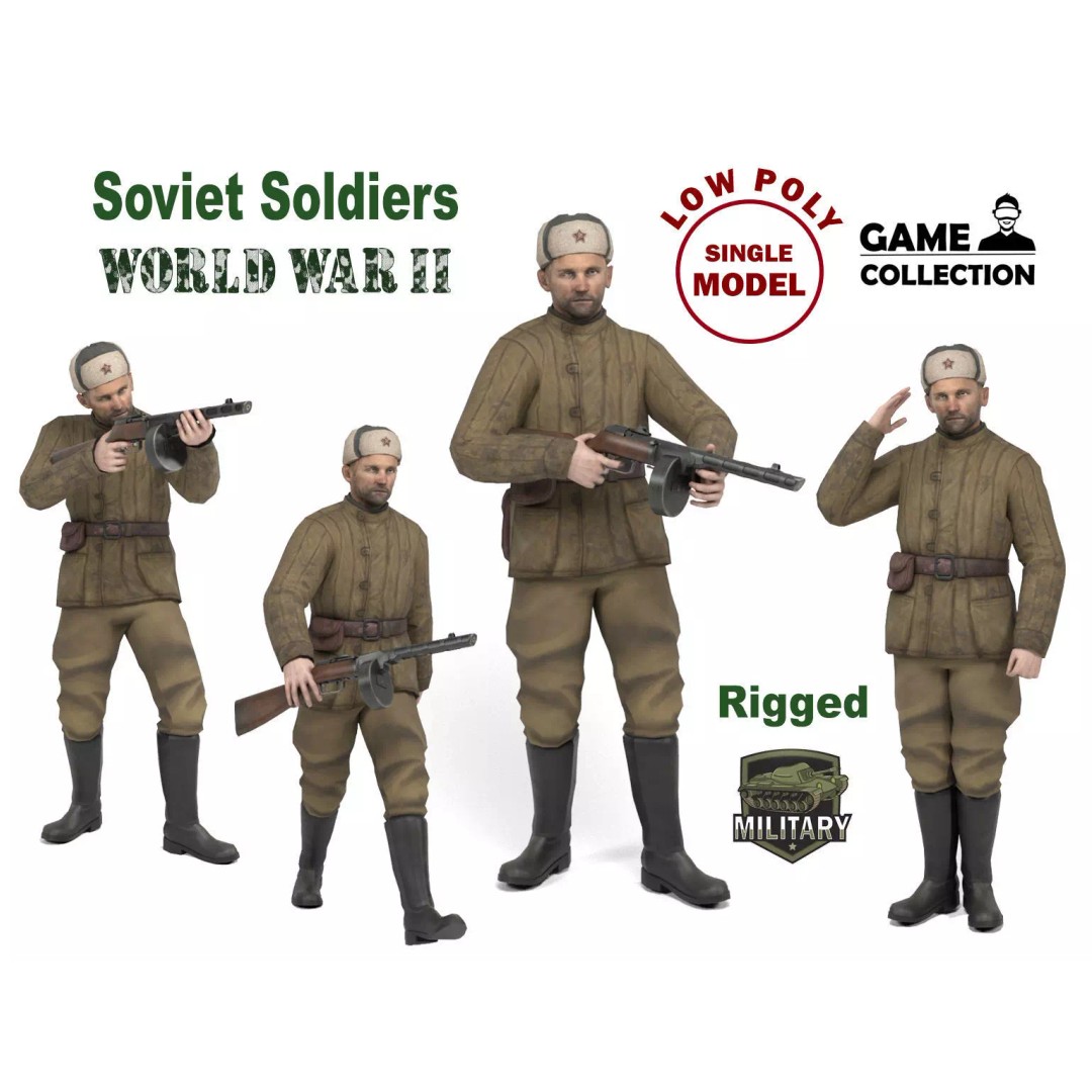 Soviet Soldier 3D Model – Low Poly Rigged Character with Weapon - View 2