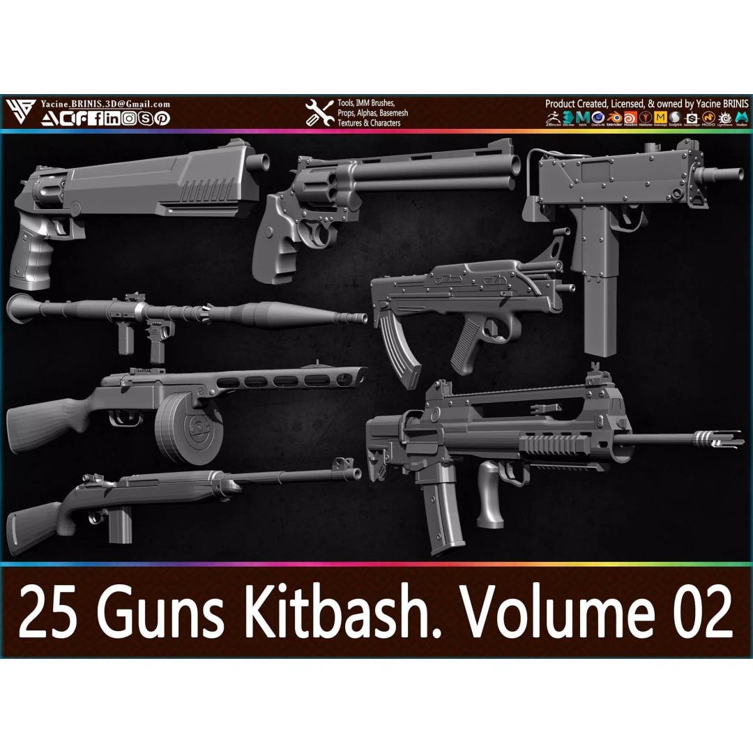 Guns 3D Model – Low Poly Kitbash Set for Game Assets, OBJ, ZTL - View 2