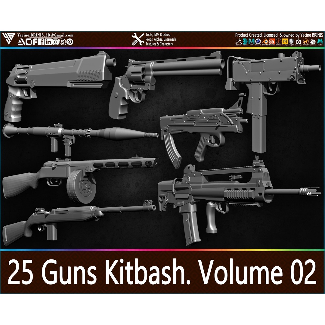 Guns 3D Model – Low Poly Kitbash Set for Game Assets, OBJ, ZTL - View 3