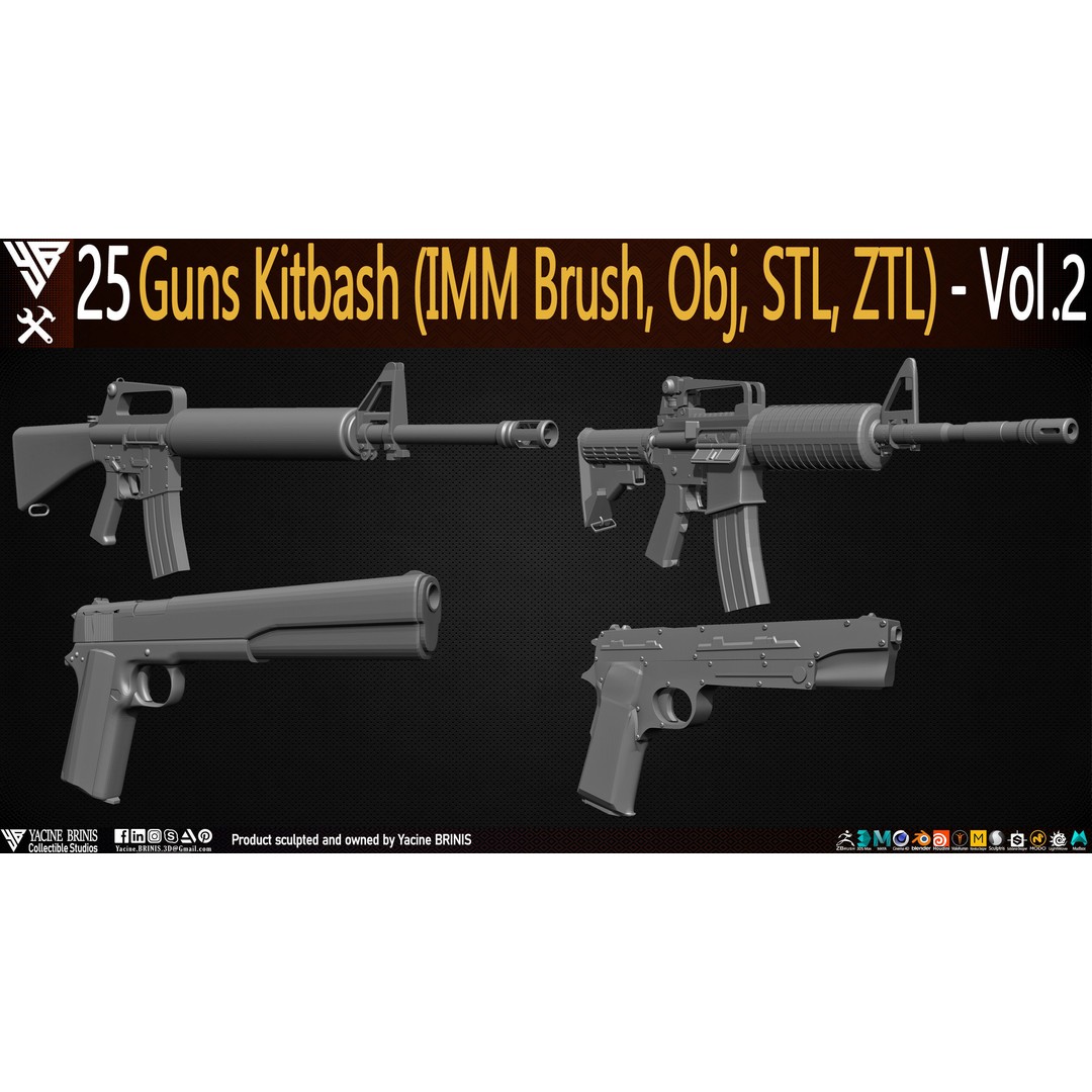 Guns 3D Model – Low Poly Kitbash Set for Game Assets, OBJ, ZTL - View 6