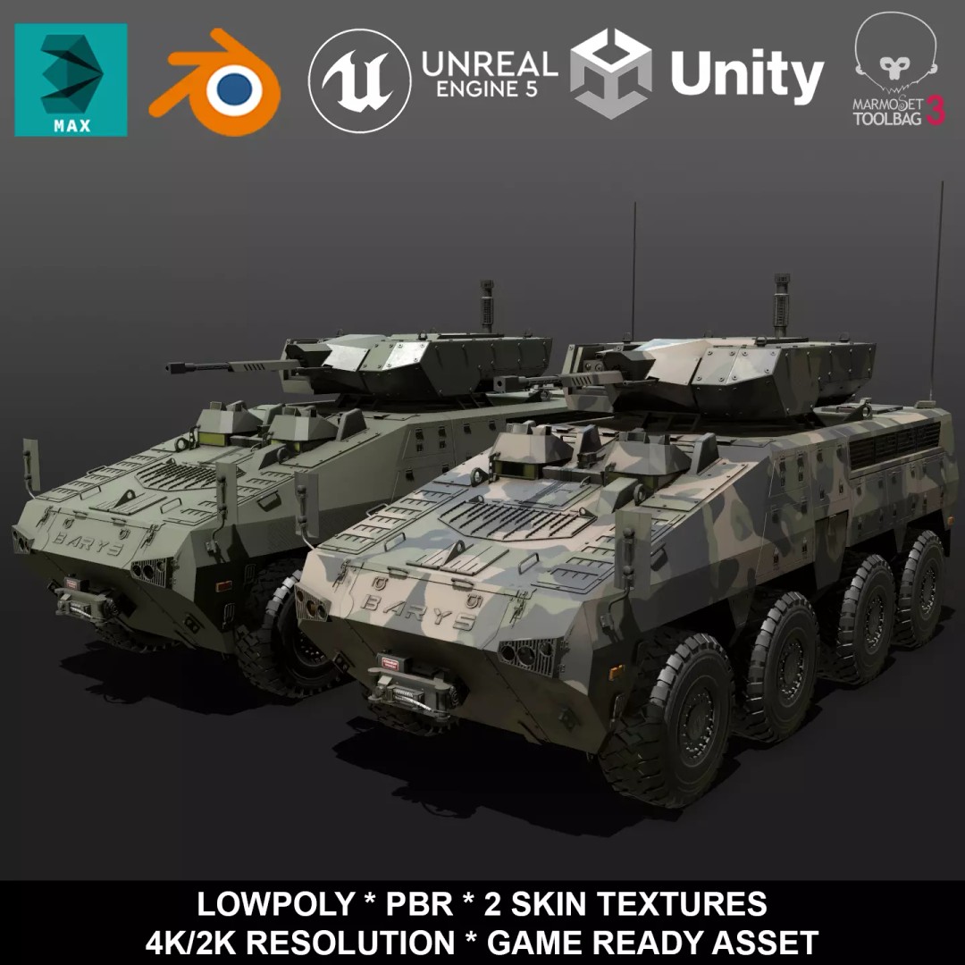 BARYS 8x8 Armoured Wheeled Vehicle 3D Model – Low Poly Game Asset, FBX, OBJ - View 2