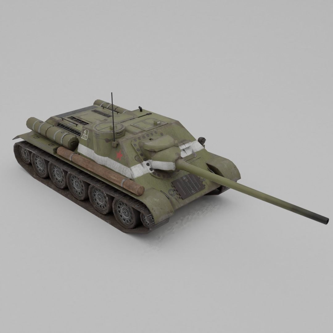 SU-100 Tank Destroyer 3D Model – Low Poly Military Vehicle, FBX - View 13