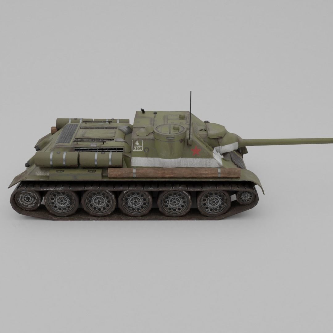 SU-100 Tank Destroyer 3D Model – Low Poly Military Vehicle, FBX - View 14