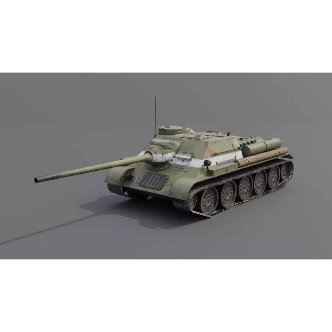 SU-100 Tank Destroyer 3D Model – Low Poly Military Vehicle, FBX - View 2
