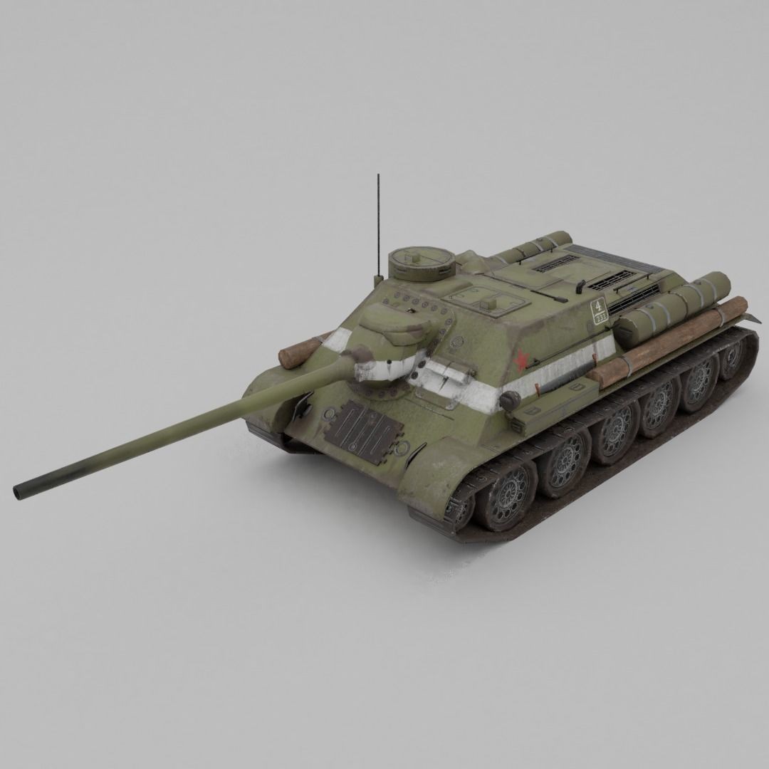 SU-100 Tank Destroyer 3D Model – Low Poly Military Vehicle, FBX - View 3