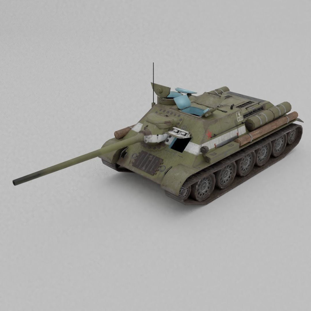 SU-100 Tank Destroyer 3D Model – Low Poly Military Vehicle, FBX - View 4