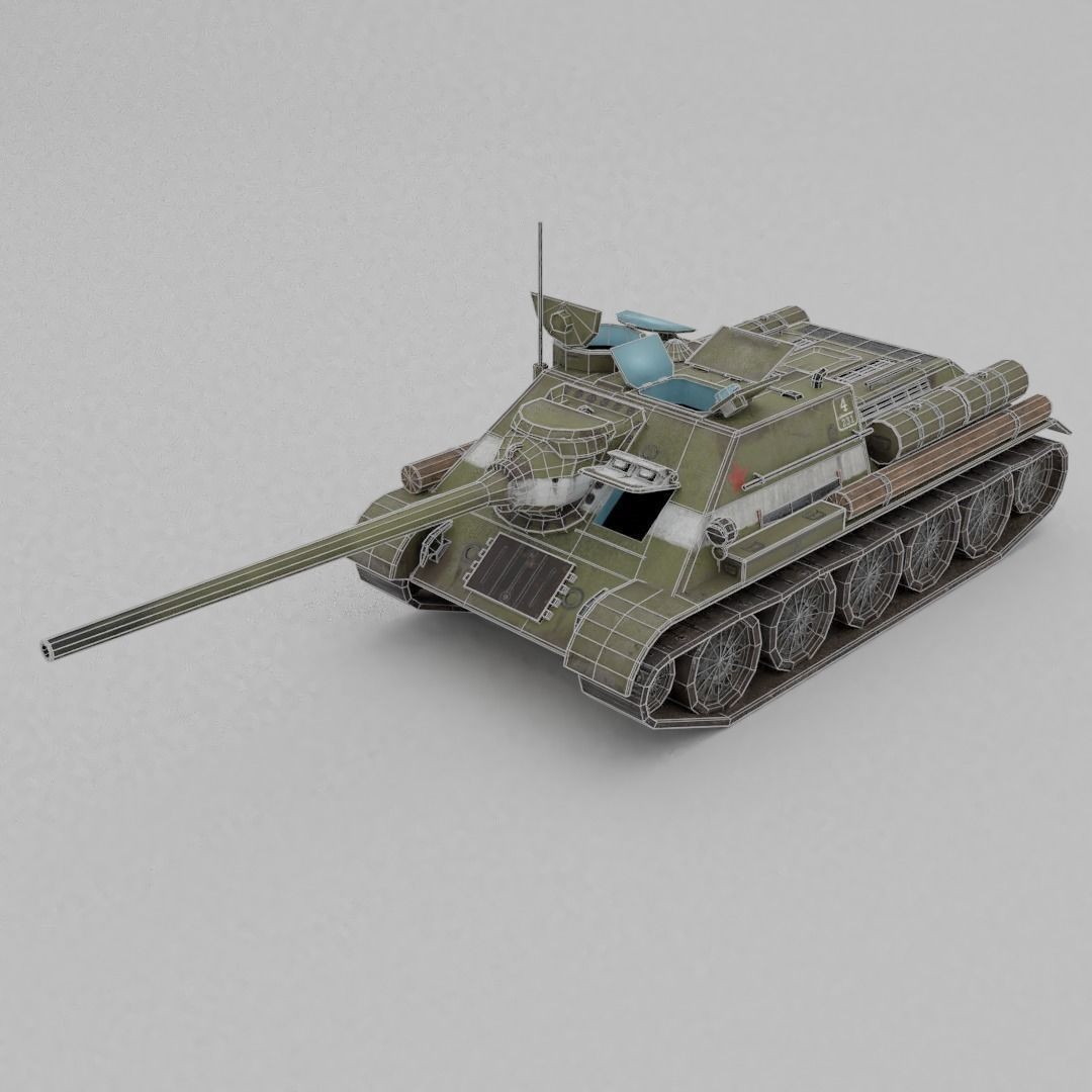 SU-100 Tank Destroyer 3D Model – Low Poly Military Vehicle, FBX - View 5
