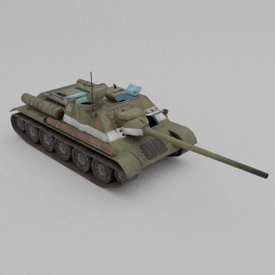 SU-100 Tank Destroyer 3D Model – Low Poly Military Vehicle, FBX - View 6