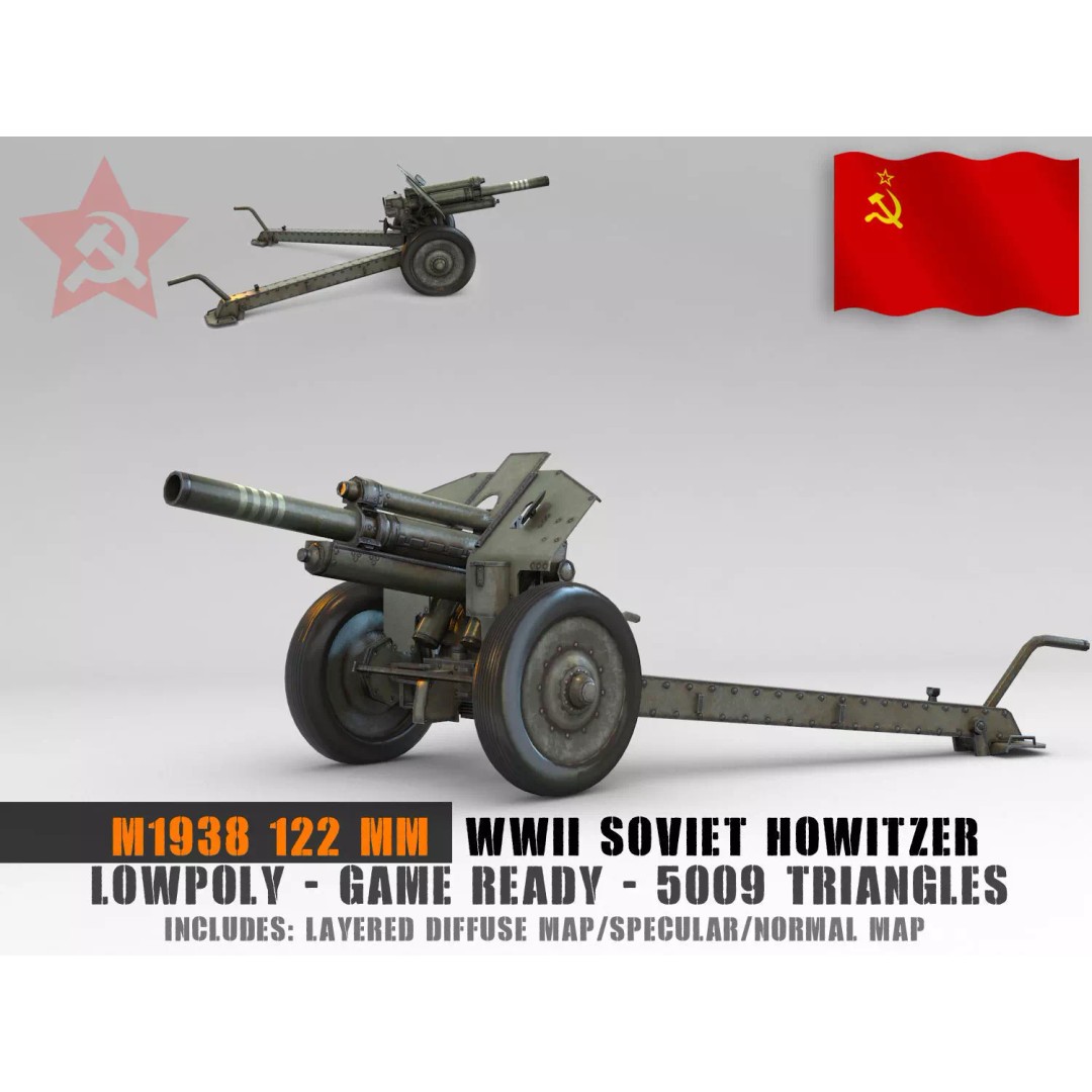 M1938 M30 122mm Soviet Howitzer 3D Model – Low Poly Game Asset, FBX - View 2
