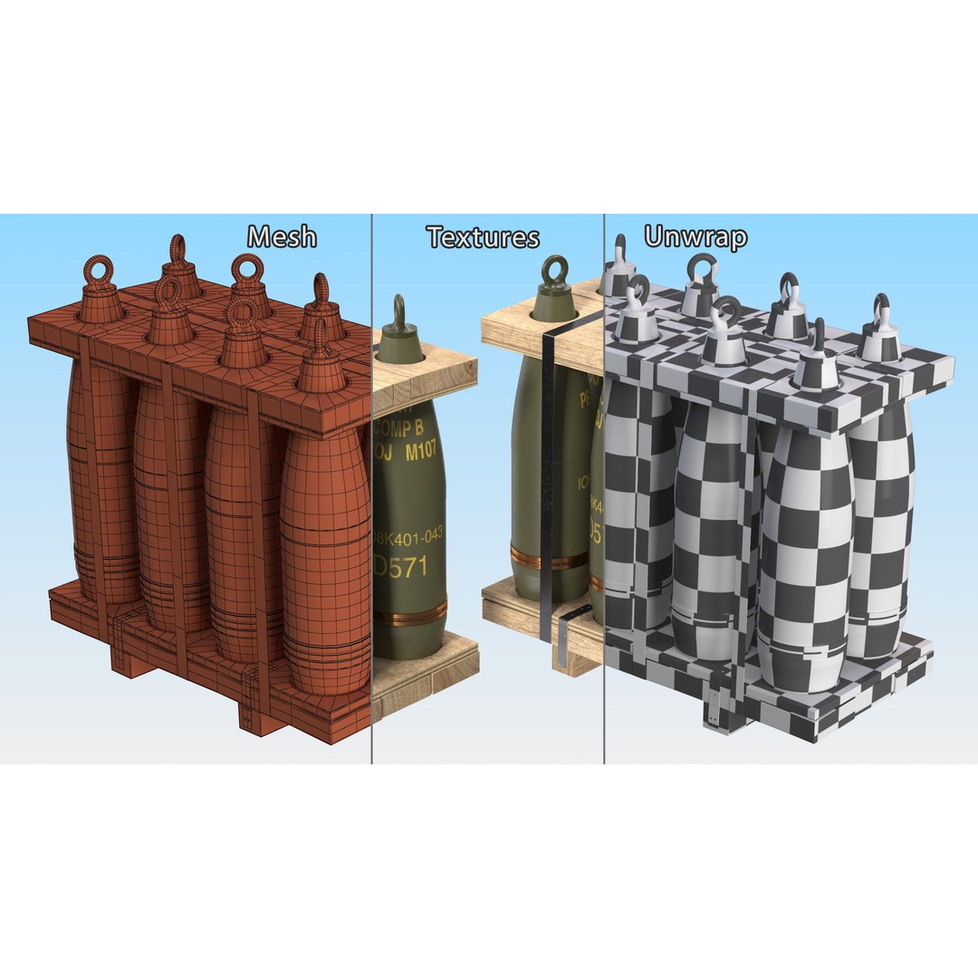Military Artillery Shells 155mm 3D Model – PBR Textured, Game-Ready Formats - View 19