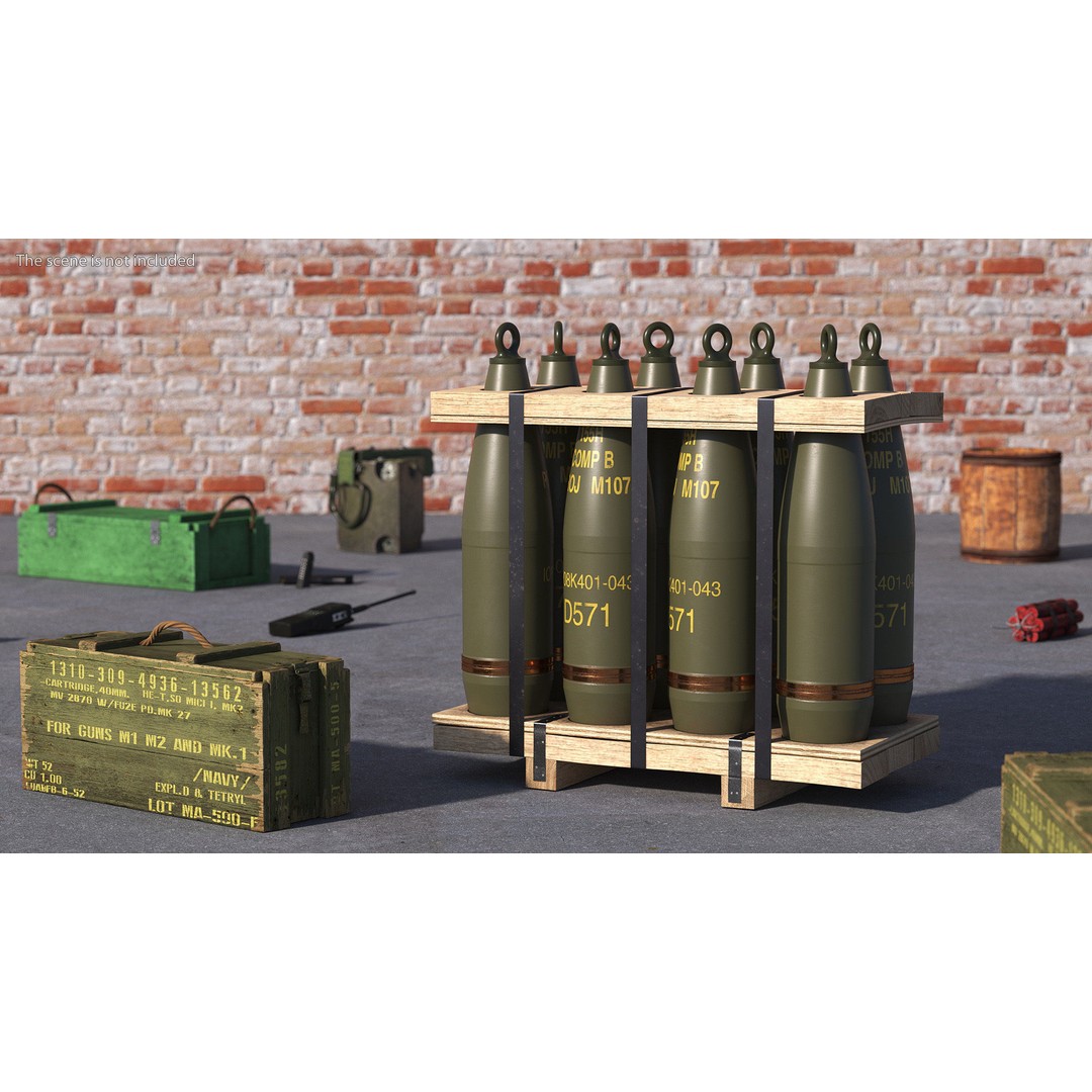 Military Artillery Shells 155mm 3D Model – PBR Textured, Game-Ready Formats - View 3