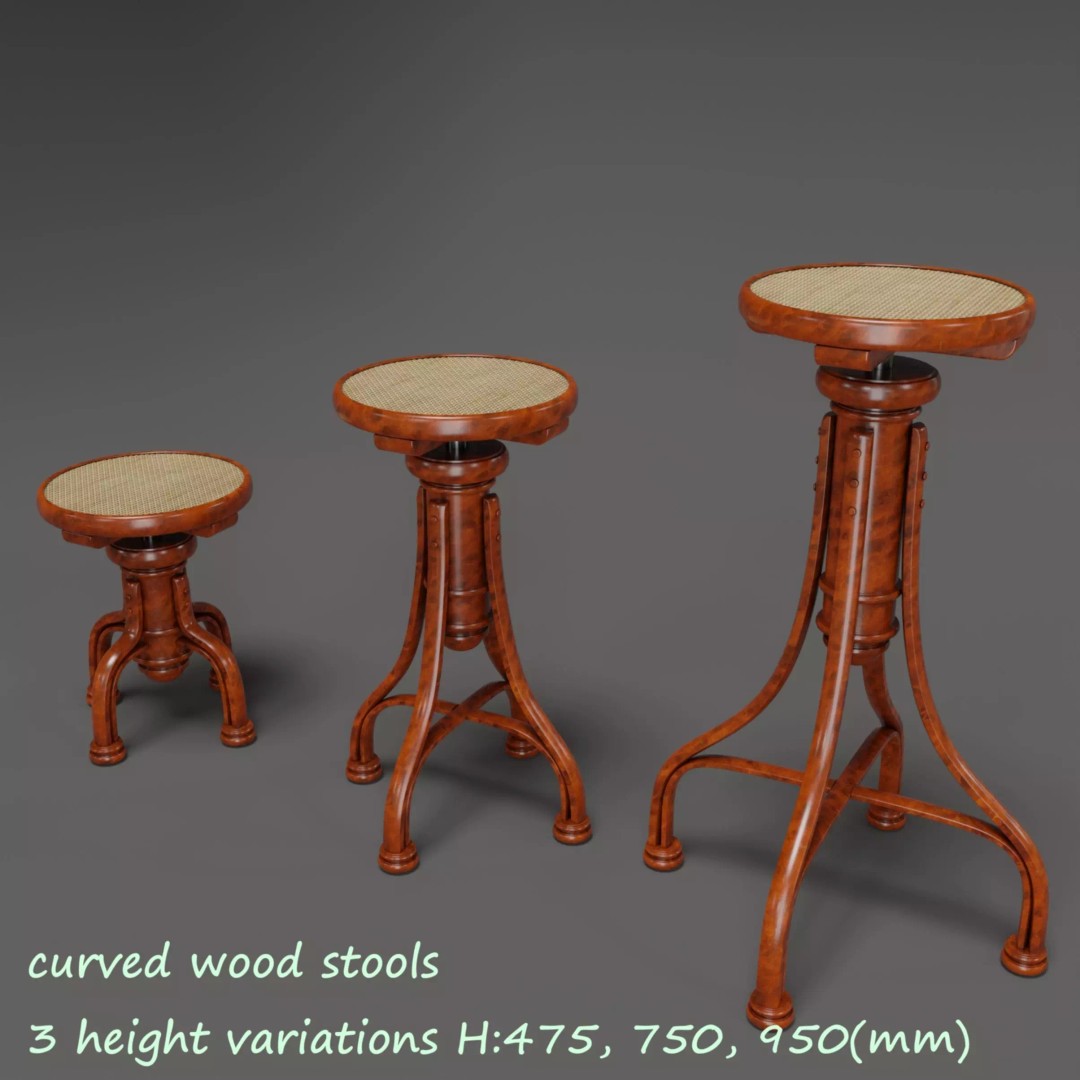 Curved Wood Stools 3D Model – Low Poly Game Asset, FBX, OBJ - View 2