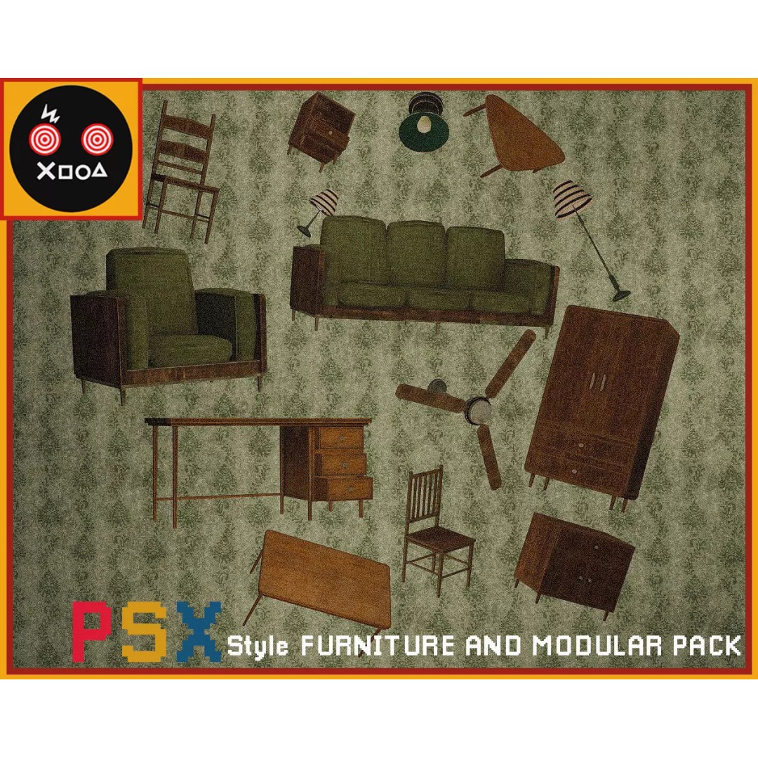 PSX Style Furniture 3D Model – Low Poly Modular Game Asset, FBX - View 2