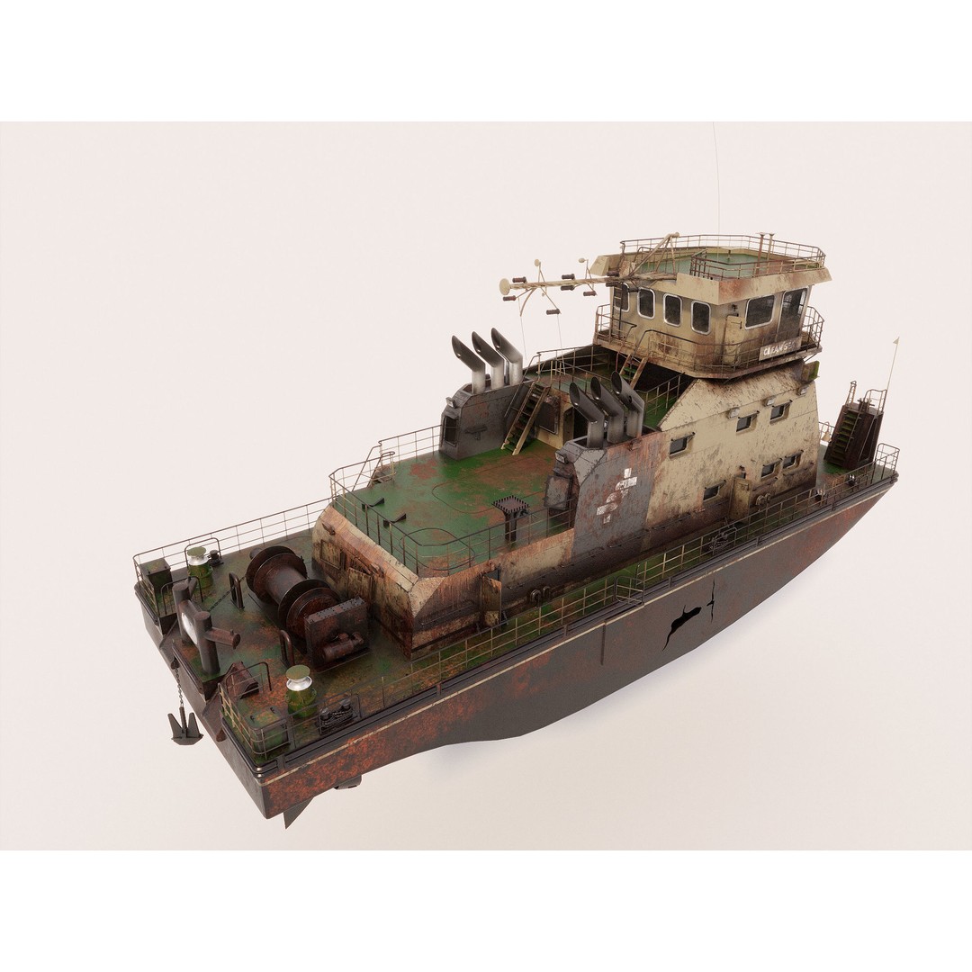 Old Push Boat 3D Model – High Poly Shipwreck, FBX, PBR Textures - View 9
