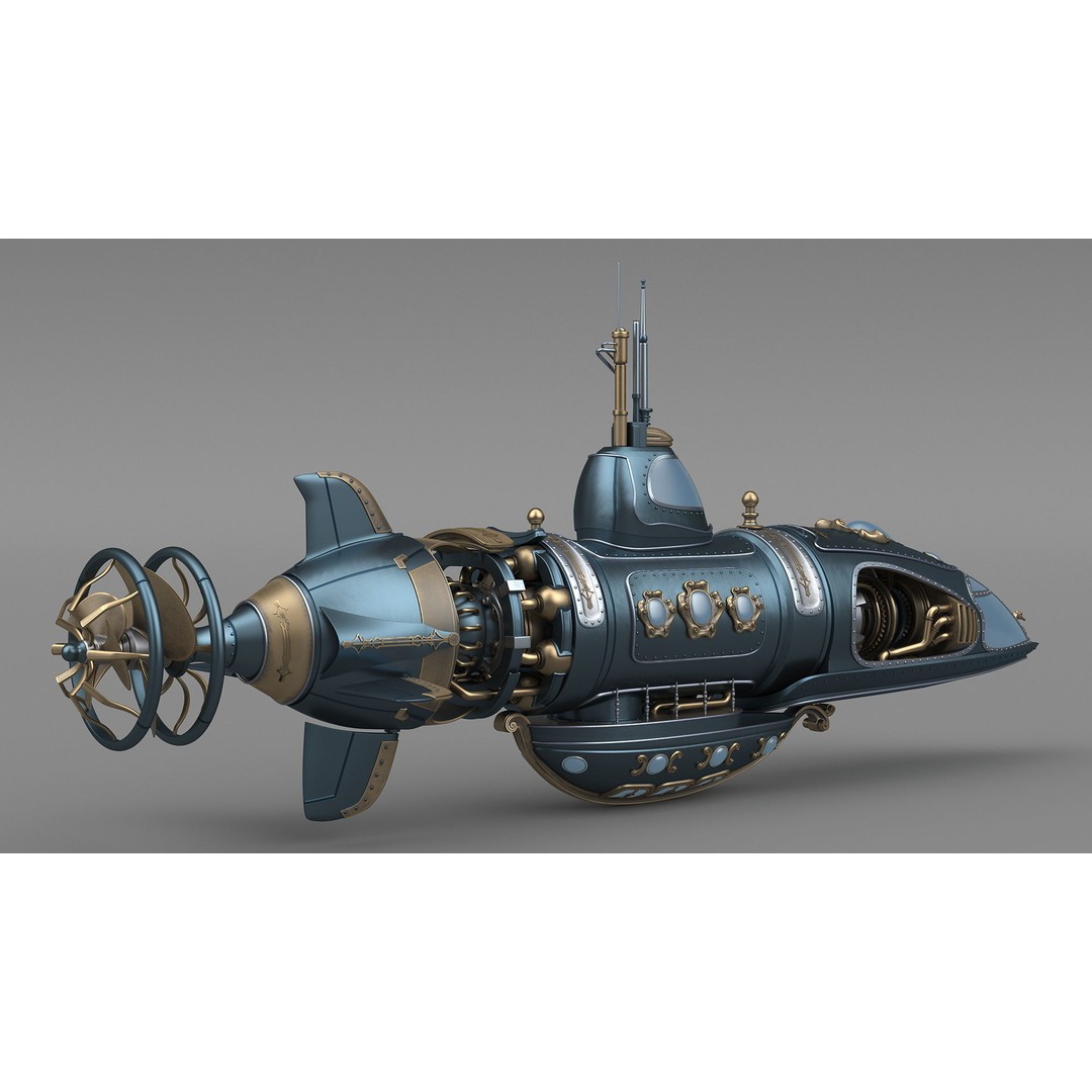 Steampunk Submarine 3D Model – Rigged, PBR Textures, Game Asset - View 12