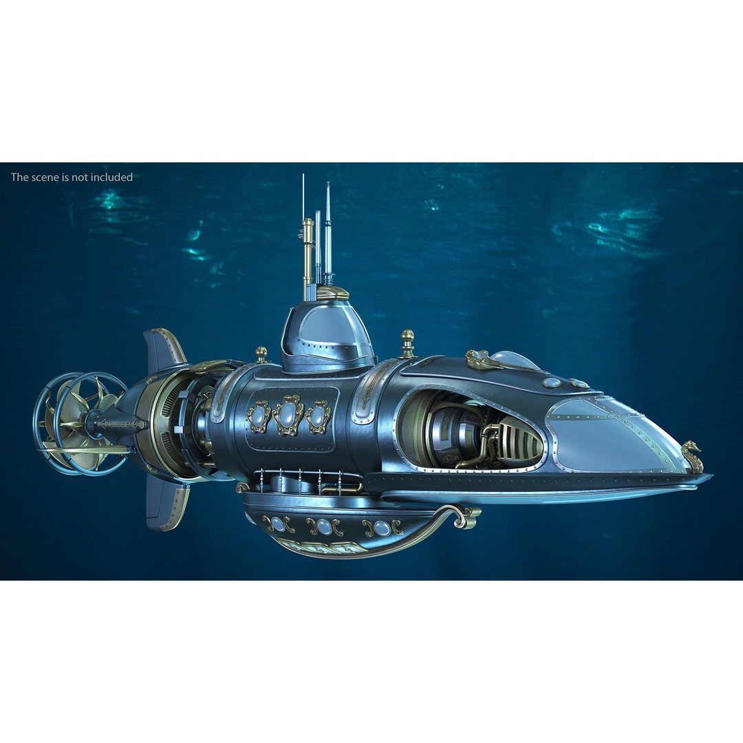 Steampunk Submarine 3D Model – Rigged, PBR Textures, Game Asset - View 2