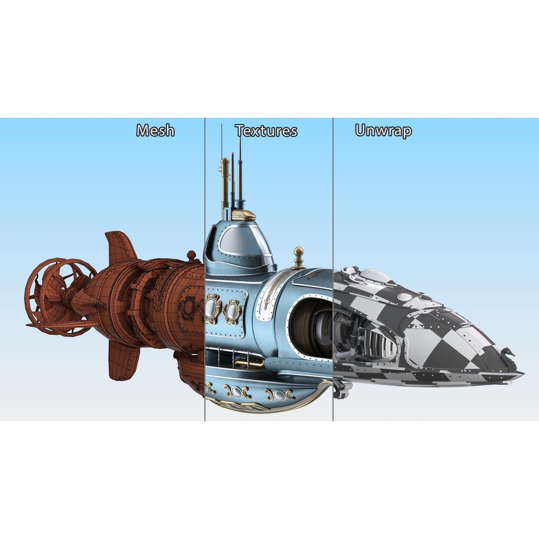 Steampunk Submarine 3D Model – Rigged, PBR Textures, Game Asset - View 28