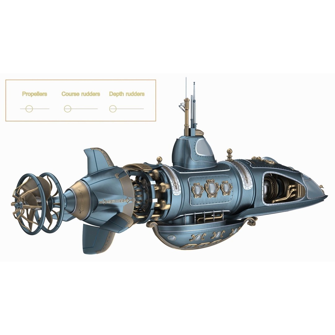 Steampunk Submarine 3D Model – Rigged, PBR Textures, Game Asset - View 4
