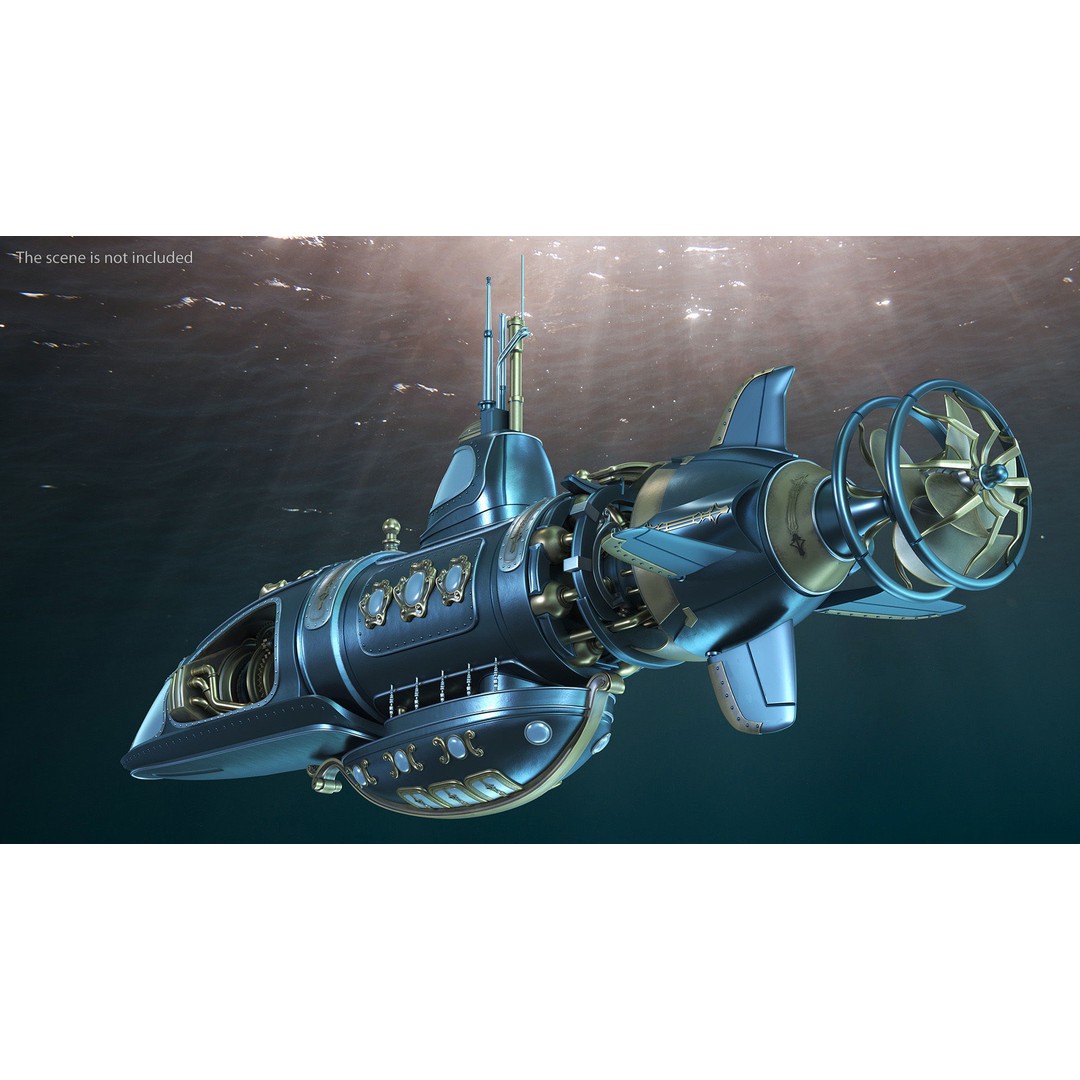 Steampunk Submarine 3D Model – Rigged, PBR Textures, Game Asset - View 6