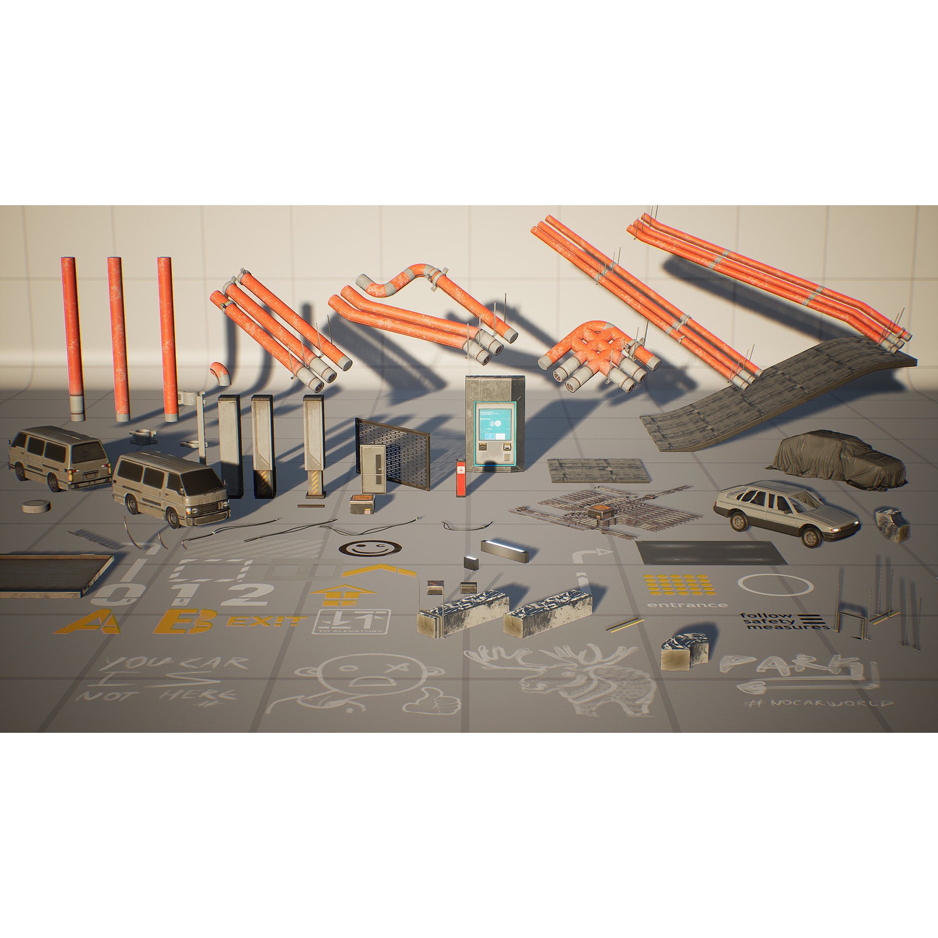 Parking Lot Environment Kit - Low-Poly Game-Ready 3D Model - View 7