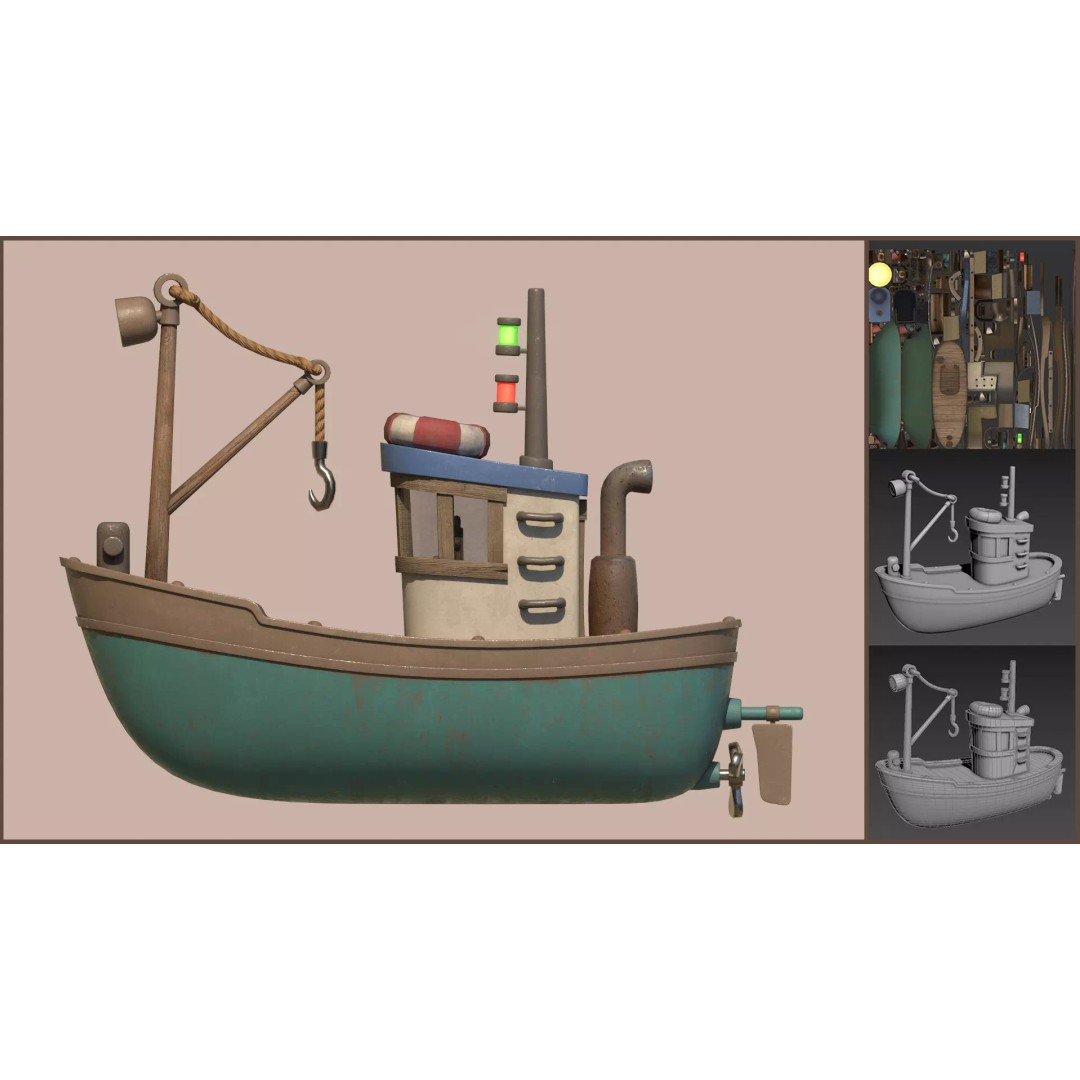 Stylized Fishing Boat 3D Model – Low Poly Game Asset, FBX, PBR - View 2