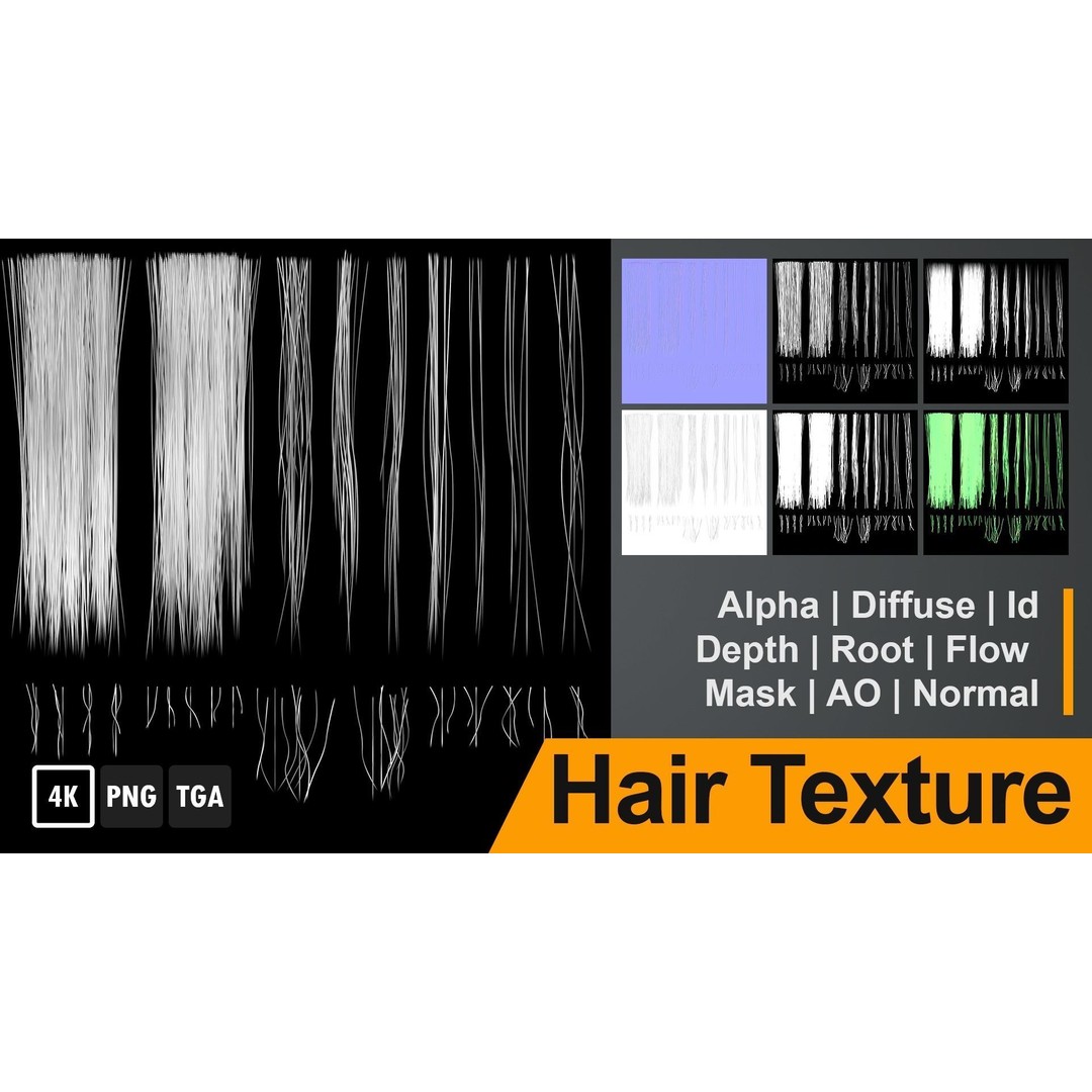 Realistic Hair Texture 3D Model – PBR Hair Cards, 4K & 2K Textures - View 3