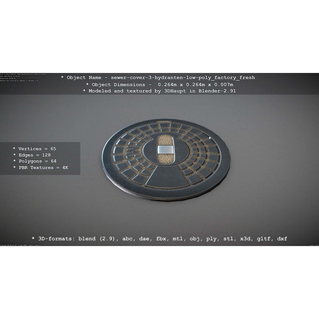 Sewer Cover 3 Hydrant 3D Model – Clean Low-Poly Asset, FBX, OBJ - View 3