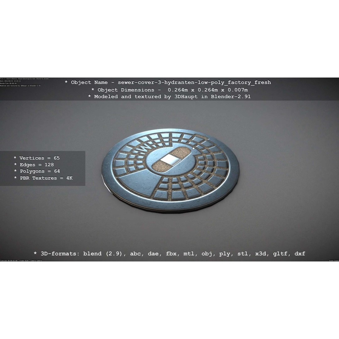 Sewer Cover 3 Hydrant 3D Model – Clean Low-Poly Asset, FBX, OBJ - View 4