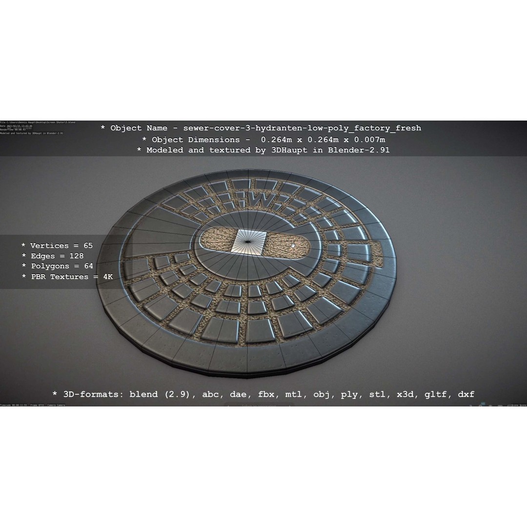 Sewer Cover 3 Hydrant 3D Model – Clean Low-Poly Asset, FBX, OBJ - View 43