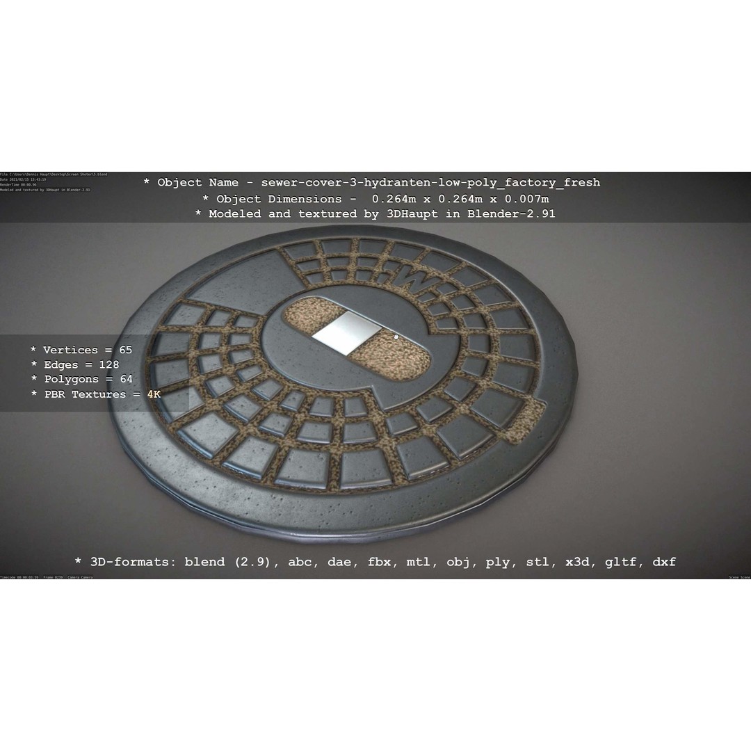Sewer Cover 3 Hydrant 3D Model – Clean Low-Poly Asset, FBX, OBJ - View 6