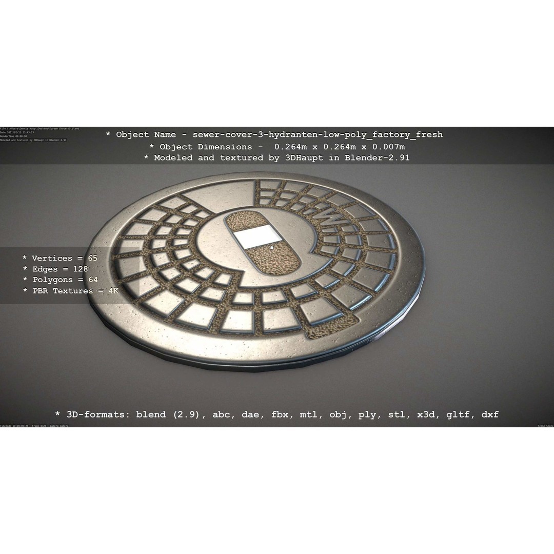 Sewer Cover 3 Hydrant 3D Model – Clean Low-Poly Asset, FBX, OBJ - View 7