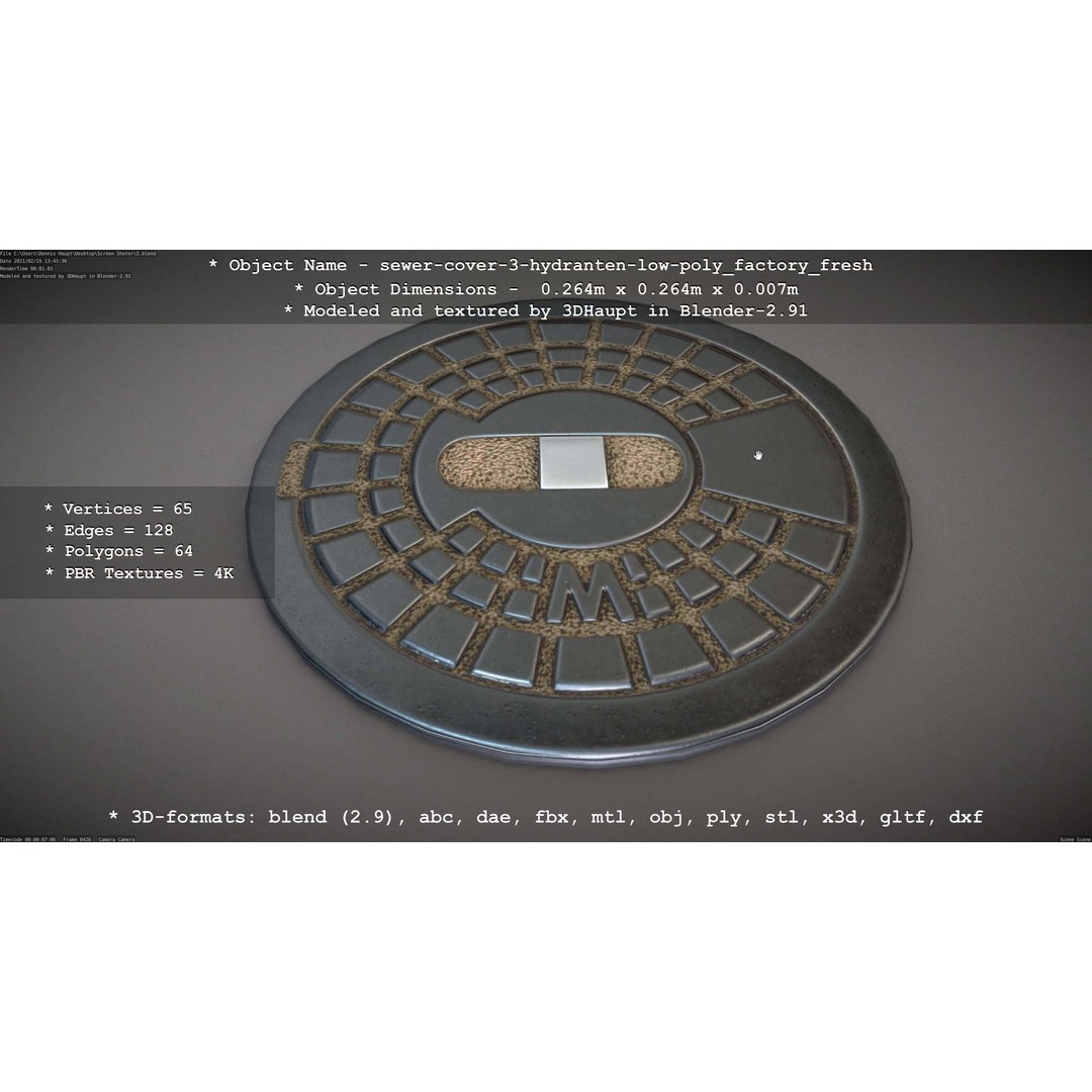 Sewer Cover 3 Hydrant 3D Model – Clean Low-Poly Asset, FBX, OBJ - View 89
