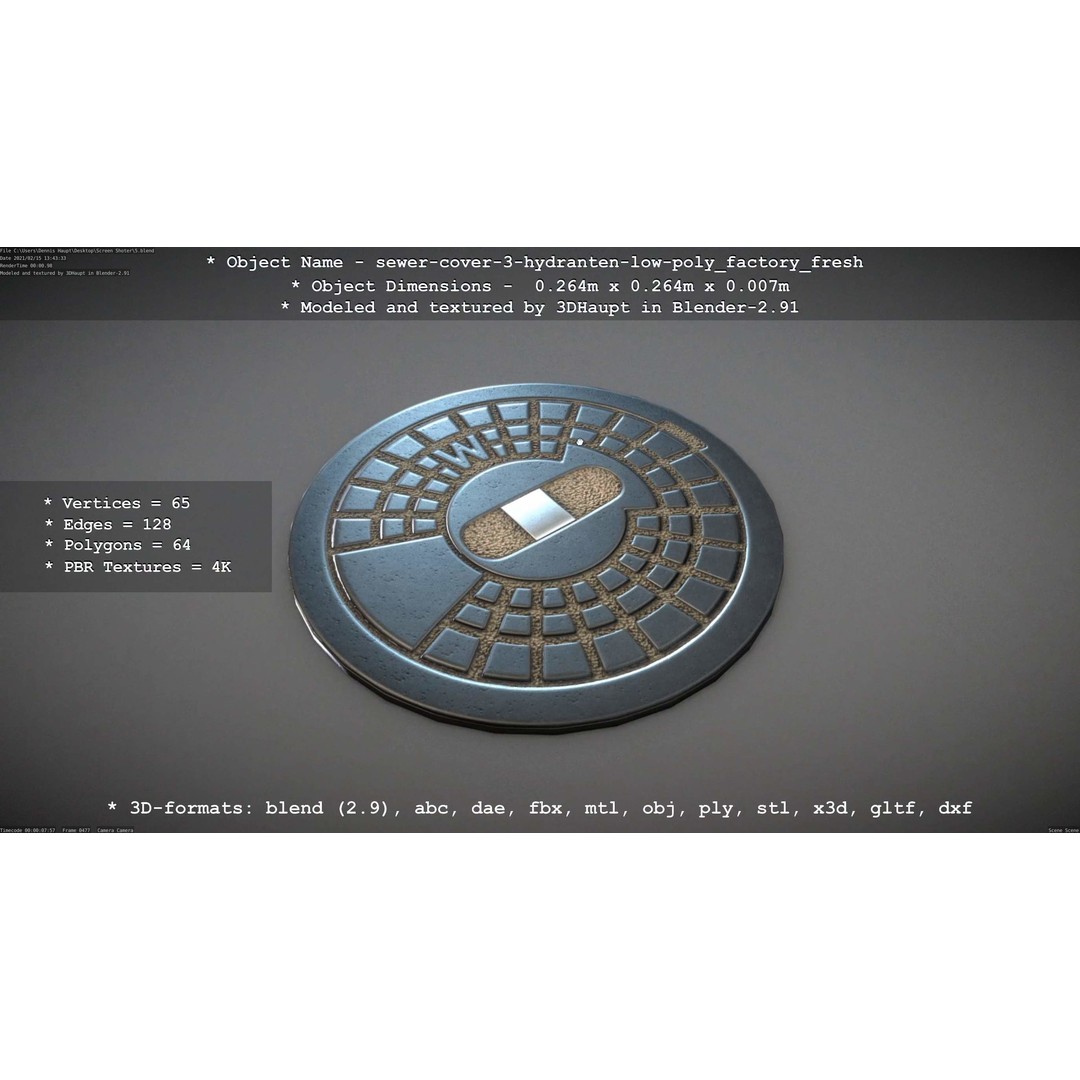 Sewer Cover 3 Hydrant 3D Model – Clean Low-Poly Asset, FBX, OBJ - View 9