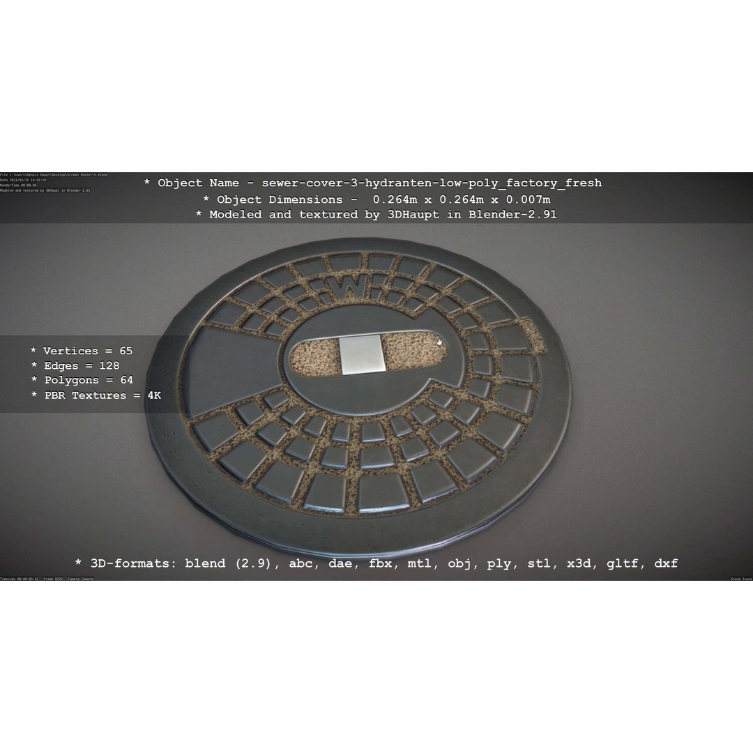 Sewer Cover 3 Hydrant 3D Model – Clean Low-Poly Asset, FBX, OBJ - View 90