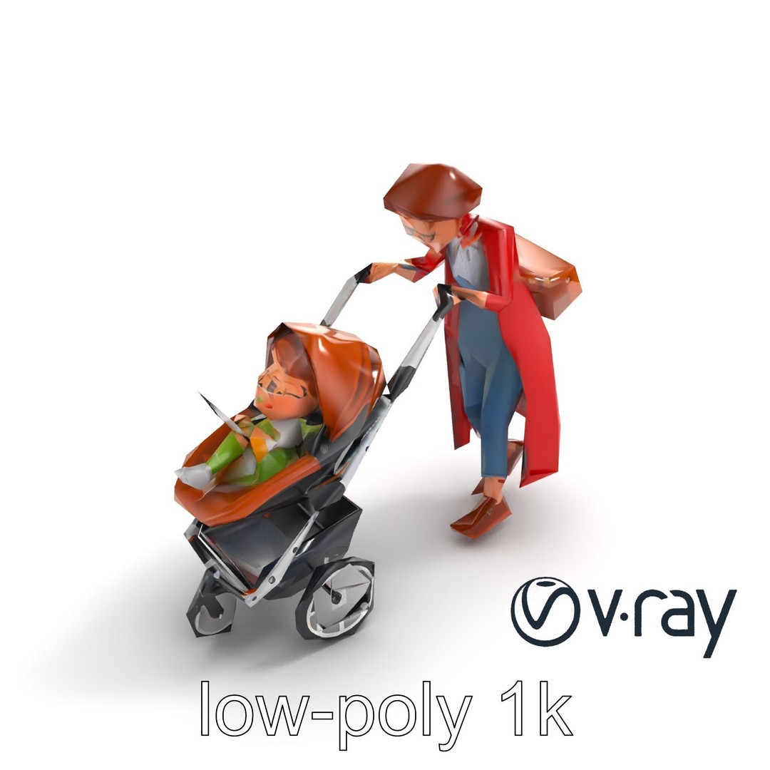 Cartoon Woman with Stroller 3D Model – Low Poly Character, FBX, PBR - View 10