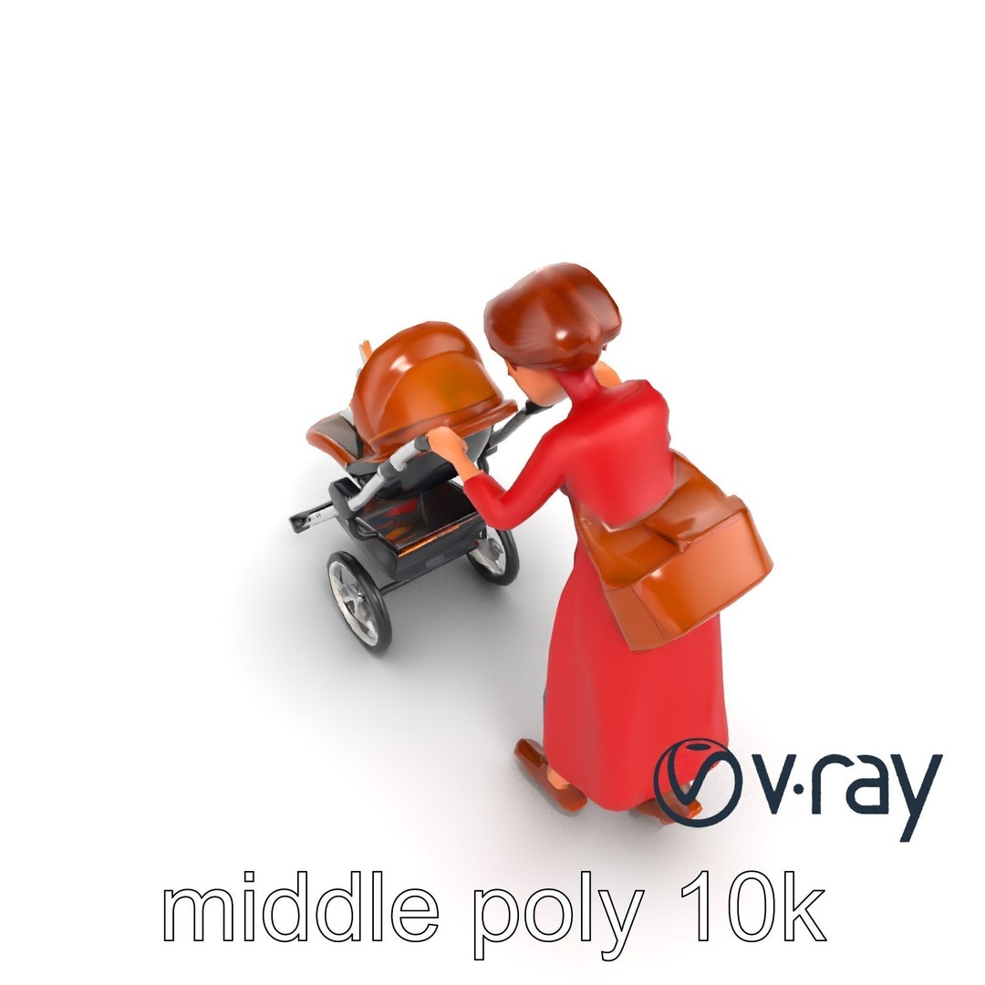 Cartoon Woman with Stroller 3D Model – Low Poly Character, FBX, PBR - View 12