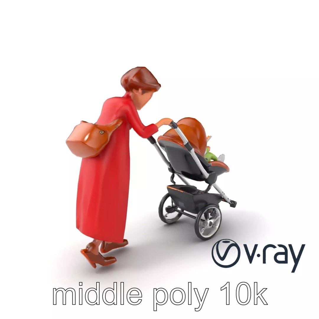 Cartoon Woman with Stroller 3D Model – Low Poly Character, FBX, PBR - View 2