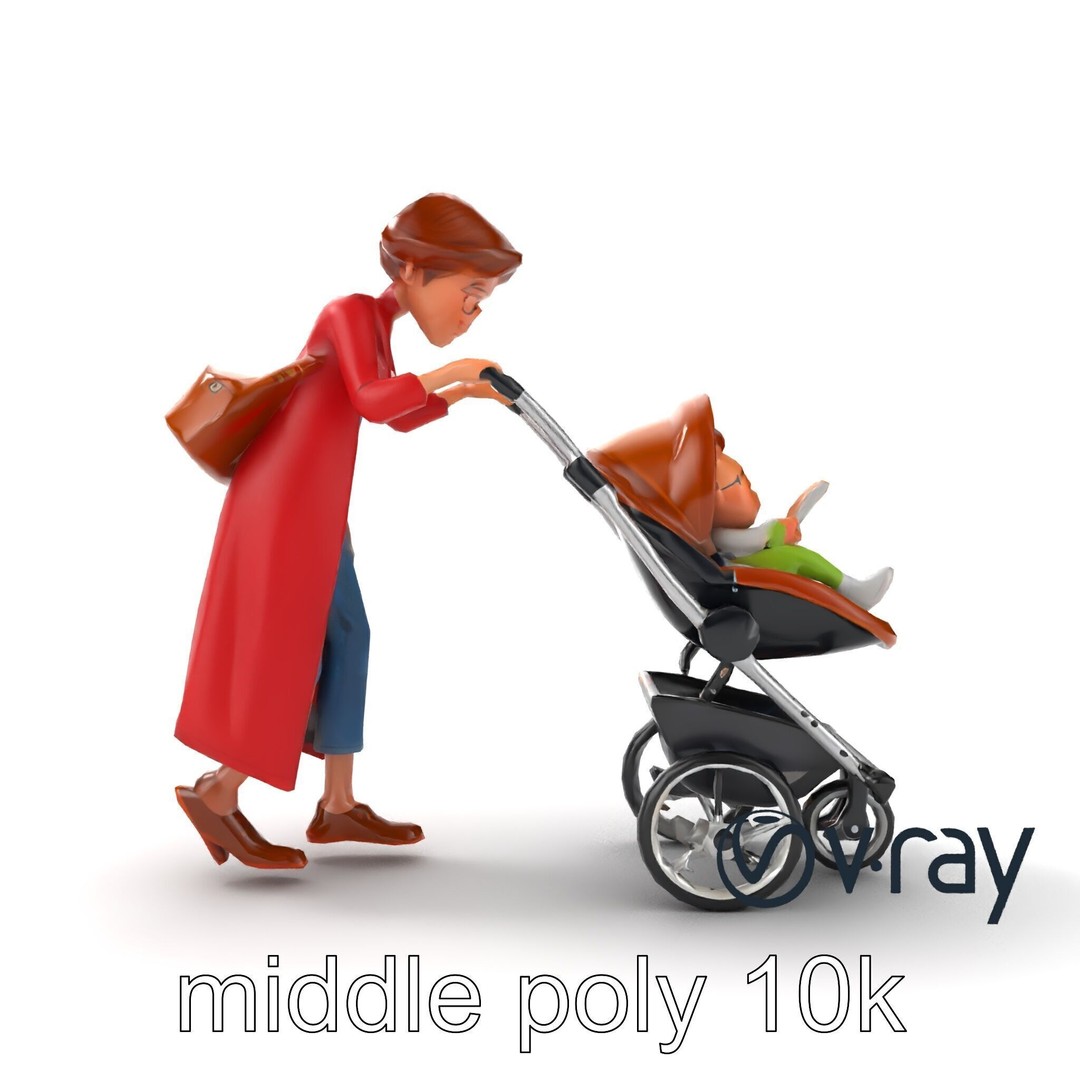 Cartoon Woman with Stroller 3D Model – Low Poly Character, FBX, PBR - View 24
