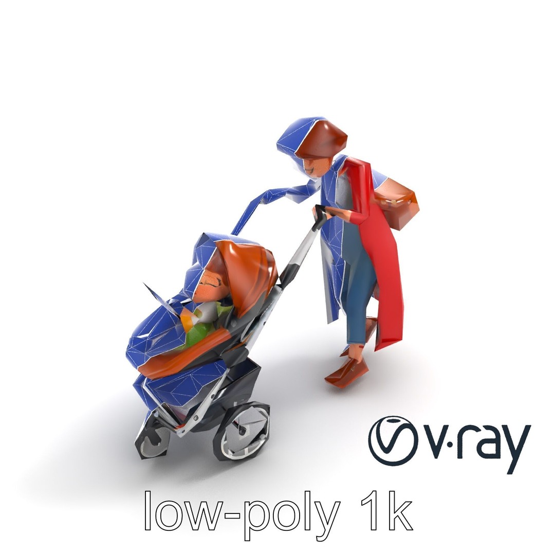 Cartoon Woman with Stroller 3D Model – Low Poly Character, FBX, PBR - View 27