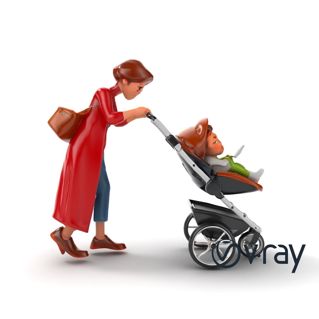 Cartoon Woman with Stroller 3D Model – Low Poly Character, FBX, PBR - View 30