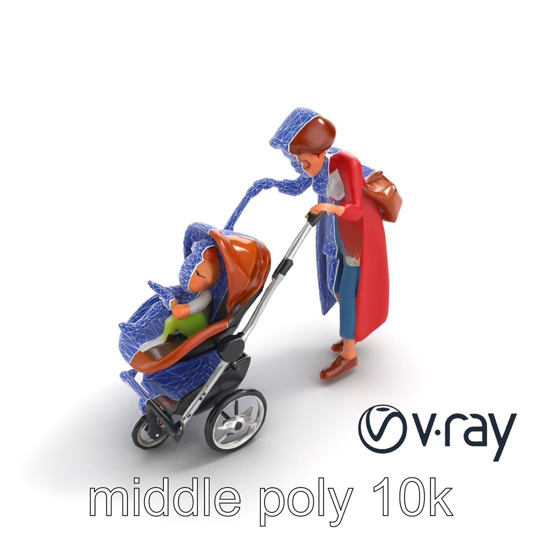 Cartoon Woman with Stroller 3D Model – Low Poly Character, FBX, PBR - View 32