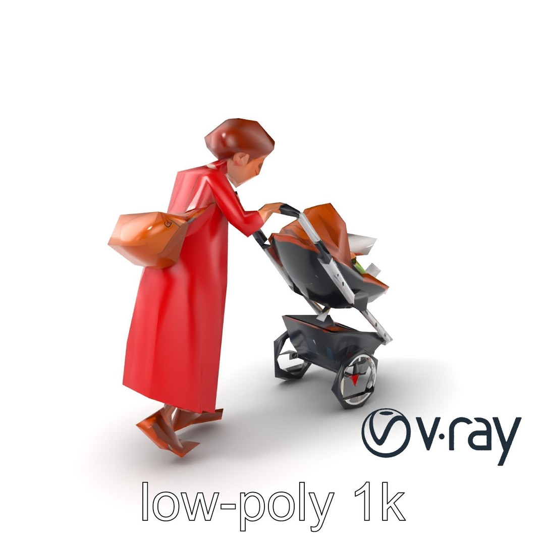 Cartoon Woman with Stroller 3D Model – Low Poly Character, FBX, PBR - View 4