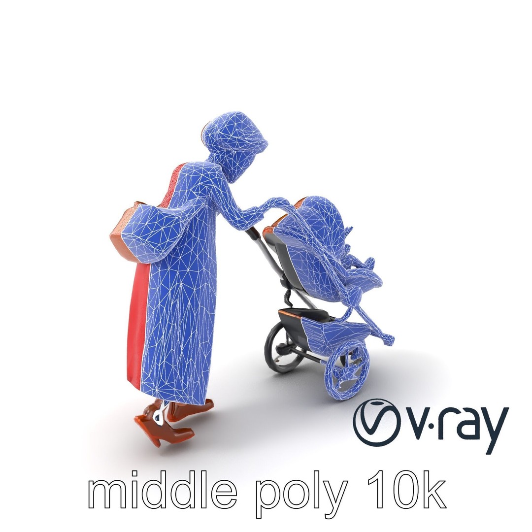 Cartoon Woman with Stroller 3D Model – Low Poly Character, FBX, PBR - View 6
