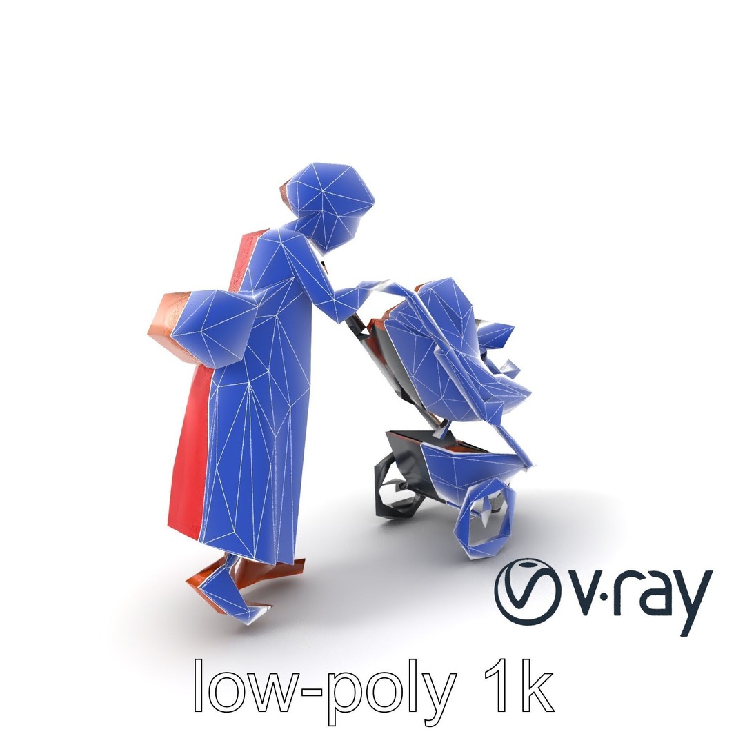 Cartoon Woman with Stroller 3D Model – Low Poly Character, FBX, PBR - View 7