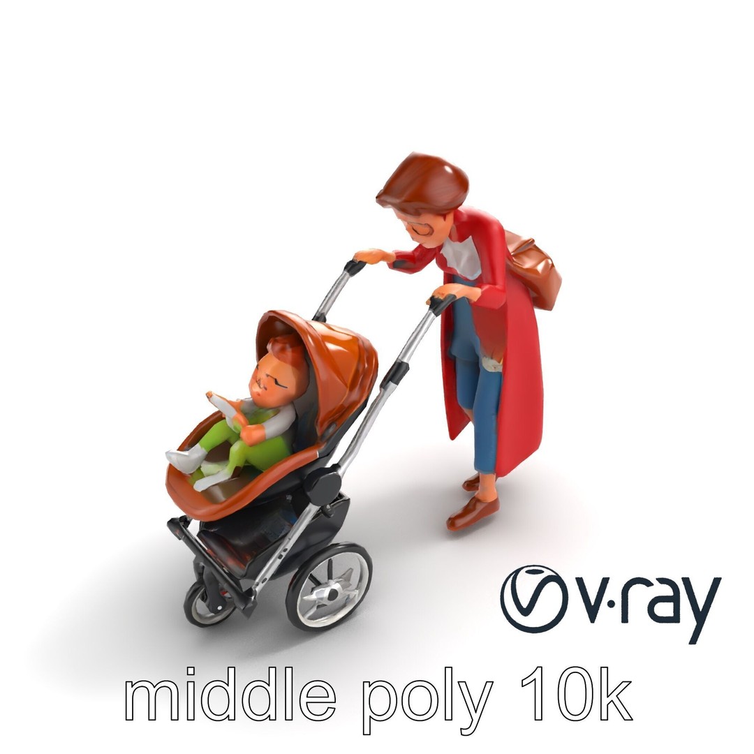 Cartoon Woman with Stroller 3D Model – Low Poly Character, FBX, PBR - View 9