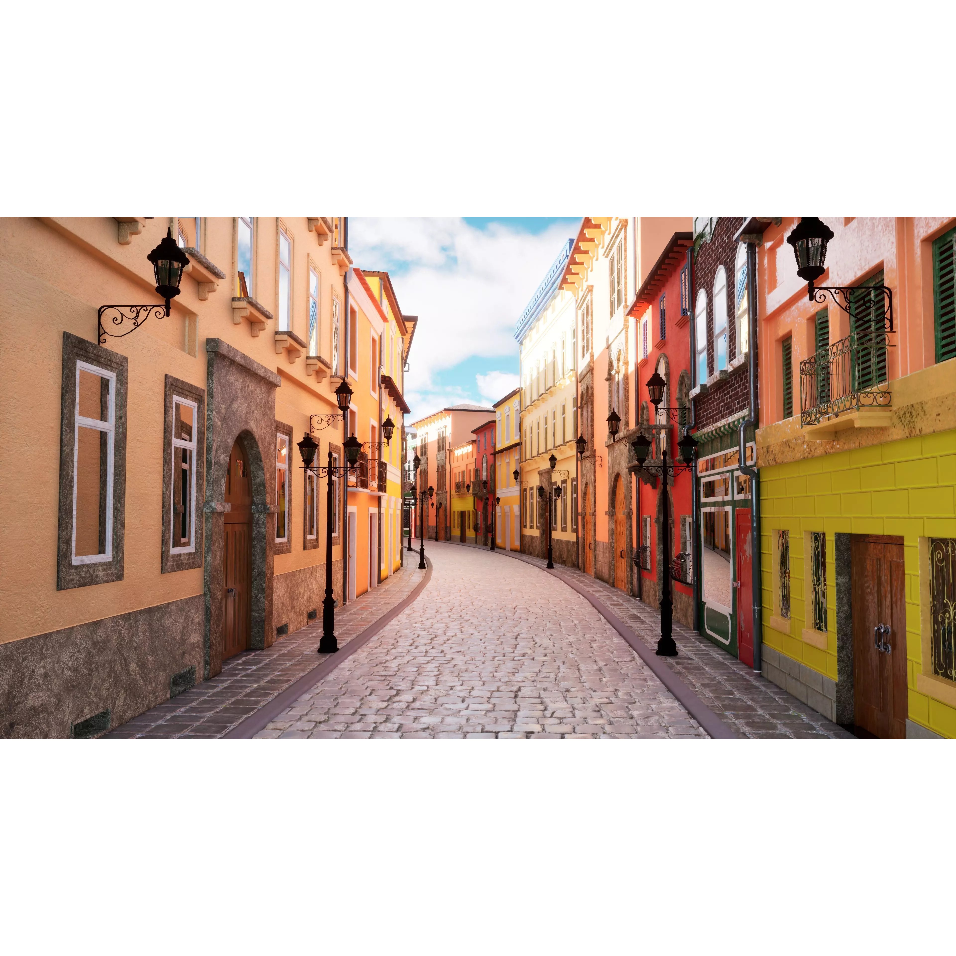 European City Street Scene - Low-Poly Game-Ready 3D Model - View 2