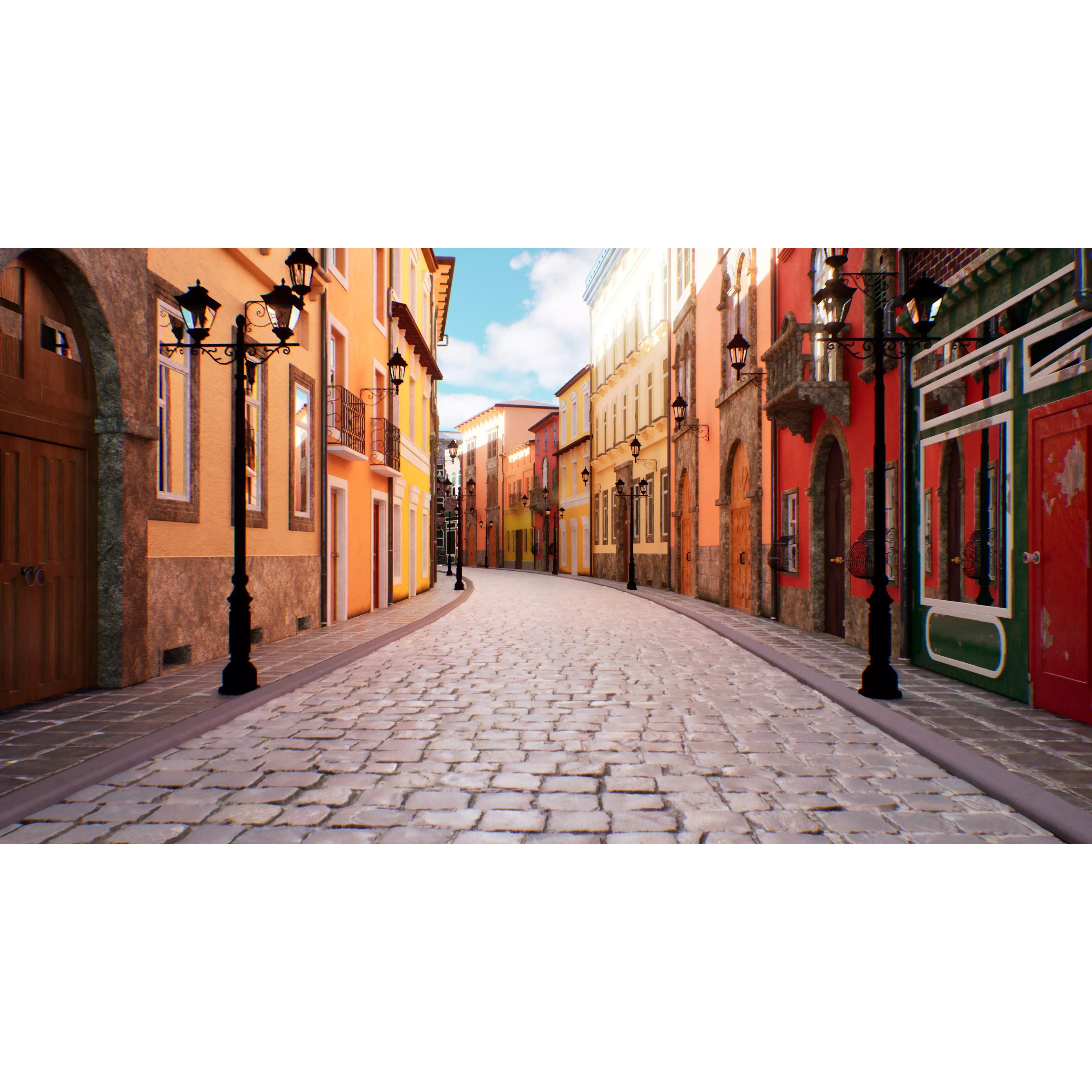 European City Street Scene - Low-Poly Game-Ready 3D Model - View 3