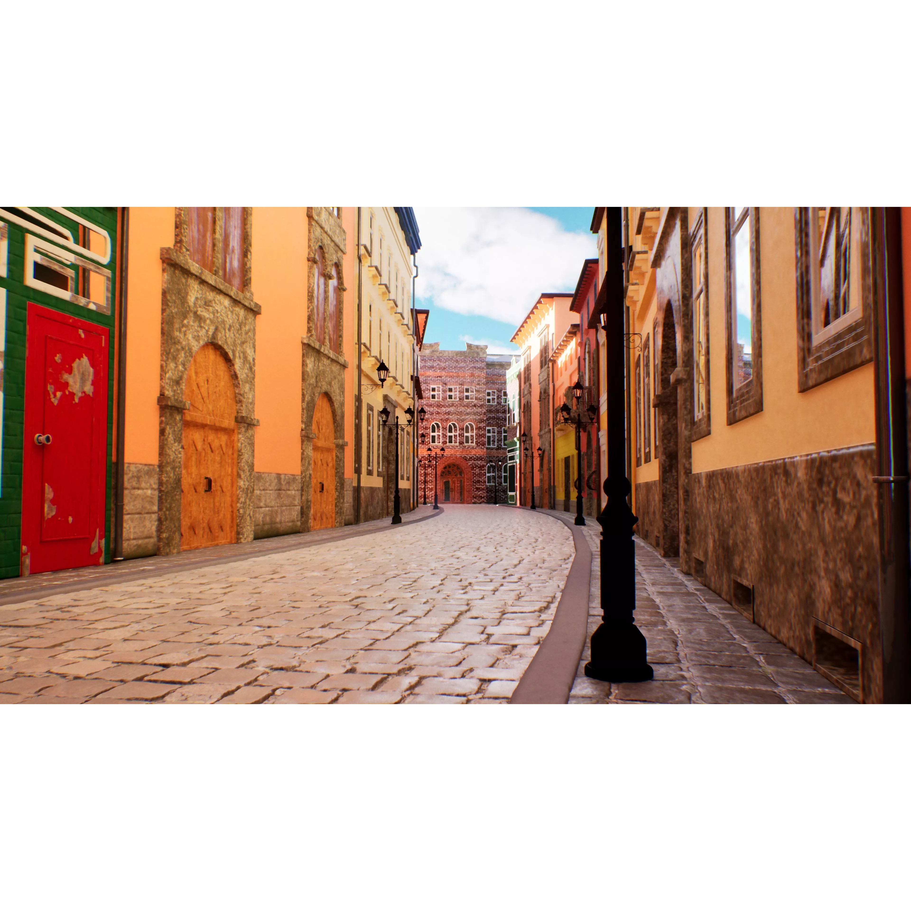 European City Street Scene - Low-Poly Game-Ready 3D Model - View 6